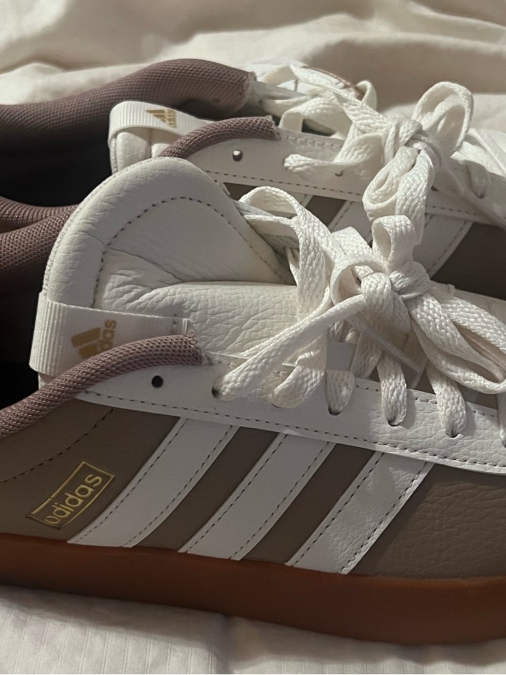 adidas White and Taupe Low-Top Sneakers with Gum Sole